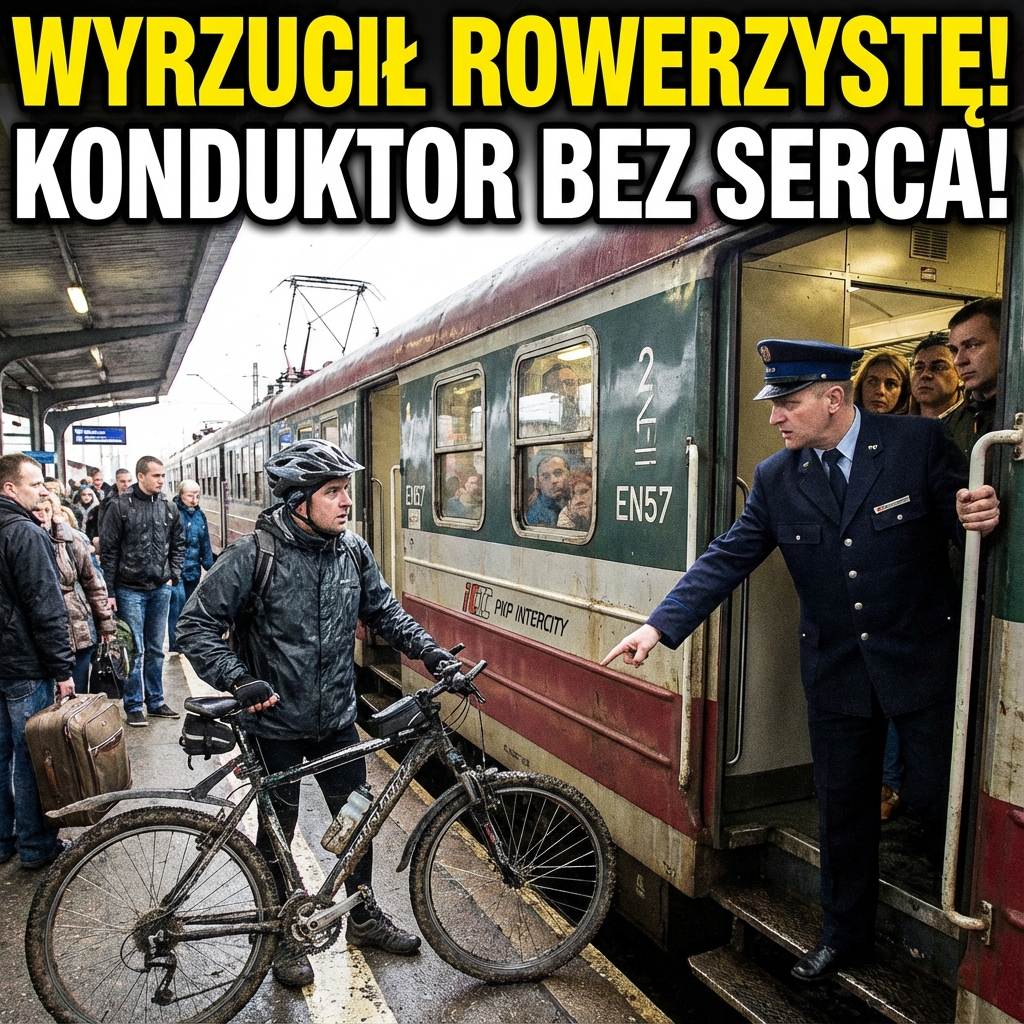 Zdenerwowany mężczyzna stoi z rowerem górskim przy pociągu i kłóci się z konduktorem