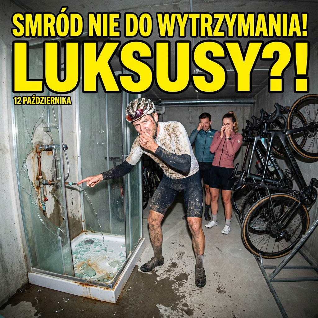 Zepsuty prysznic w nowoczesnej łazience, symbol awarii i bezradności mieszkańców.