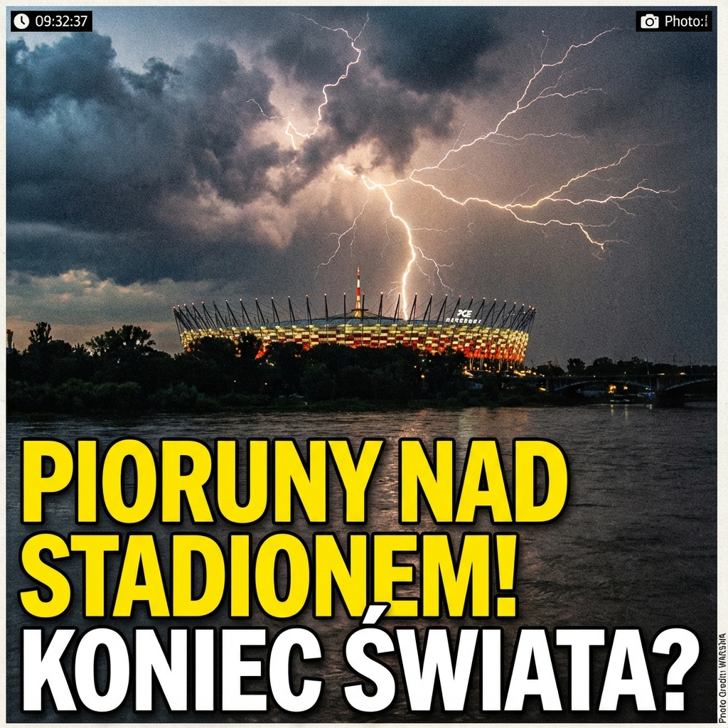 Błyskawica uderzająca w pobliżu Stadionu Narodowego w Warszawie podczas burzy
