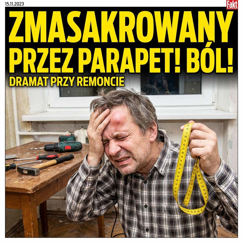 Mężczyzna z potężnym guzem na czole trzymający się za głowę