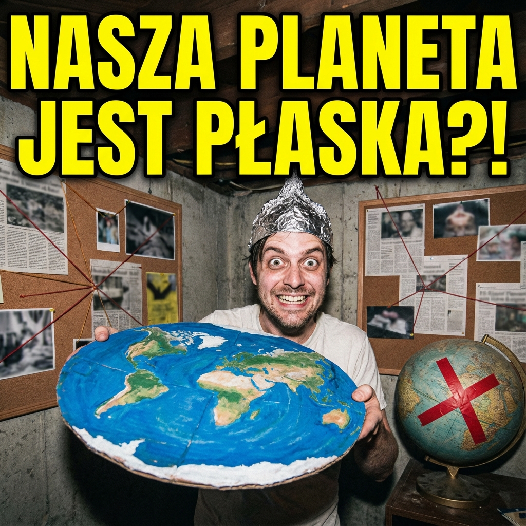 Stylizowana ilustracja płaskiej Ziemi na tle fioletowego nieba