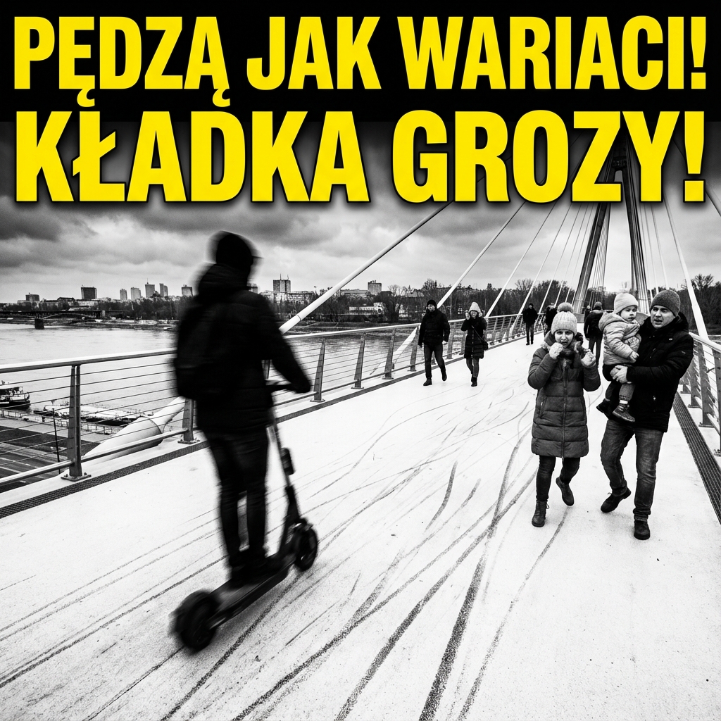 Czarne ślady opon po gwałtownym hamowaniu na nowej nawierzchni kładki