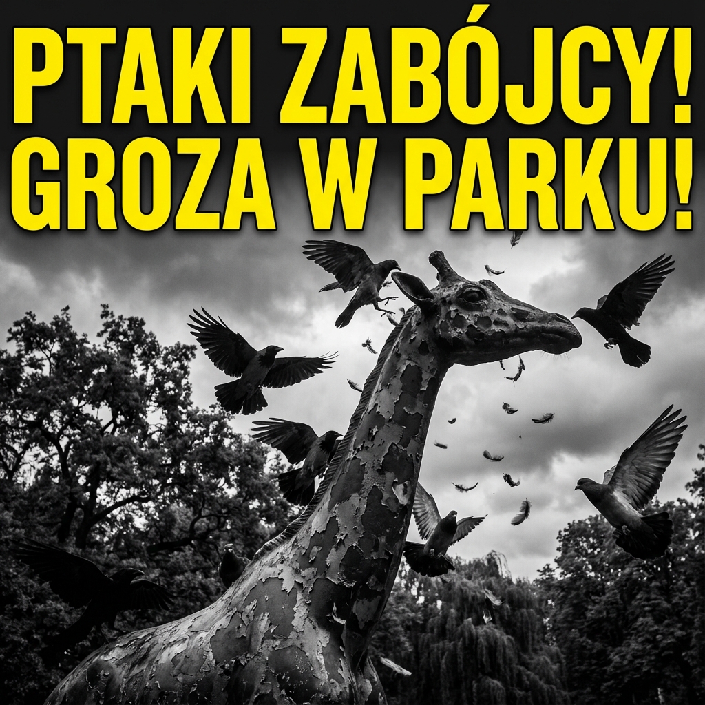Agresywne ptaki dziobiące rzeźbę żyrafy w parku