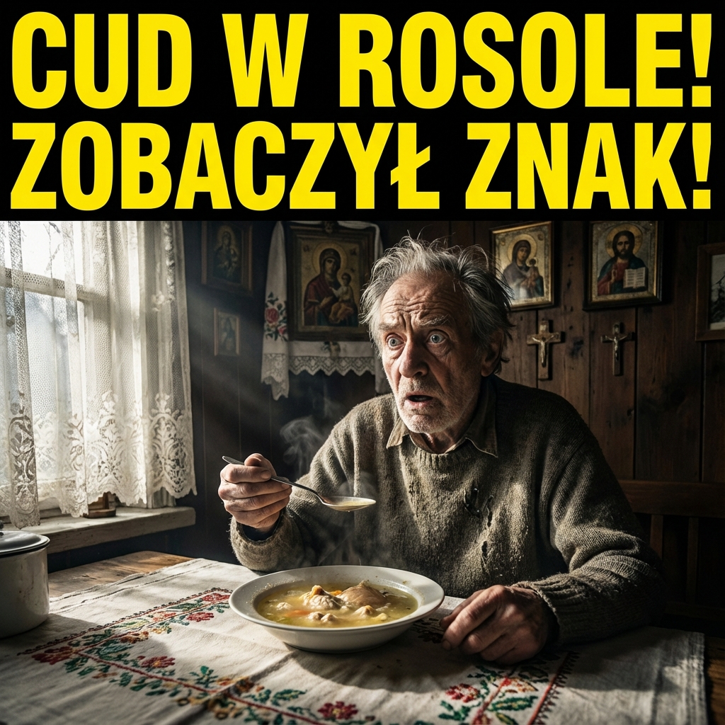 Starszy mężczyzna z przerażeniem patrzy na talerz z zupą.