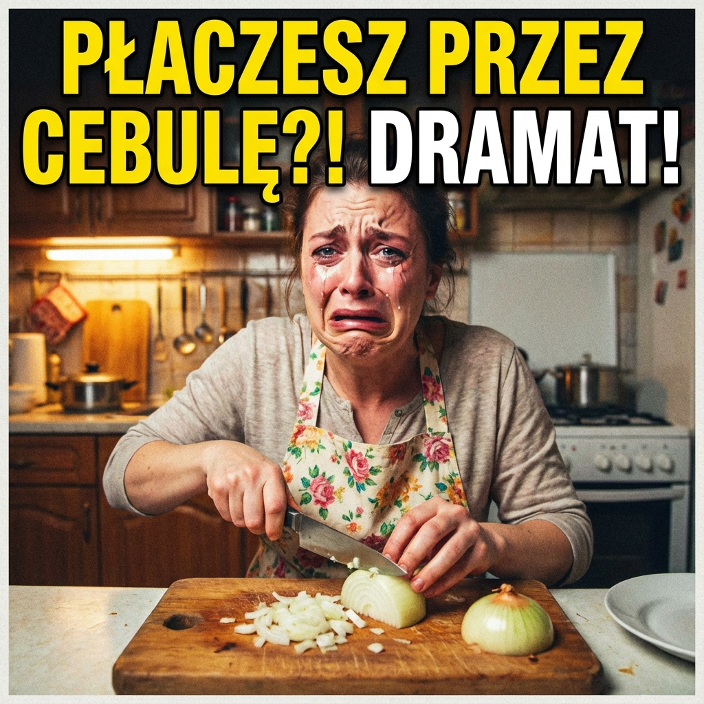 Dramatyczna ilustracja płaczącej gospodyni z cebulą