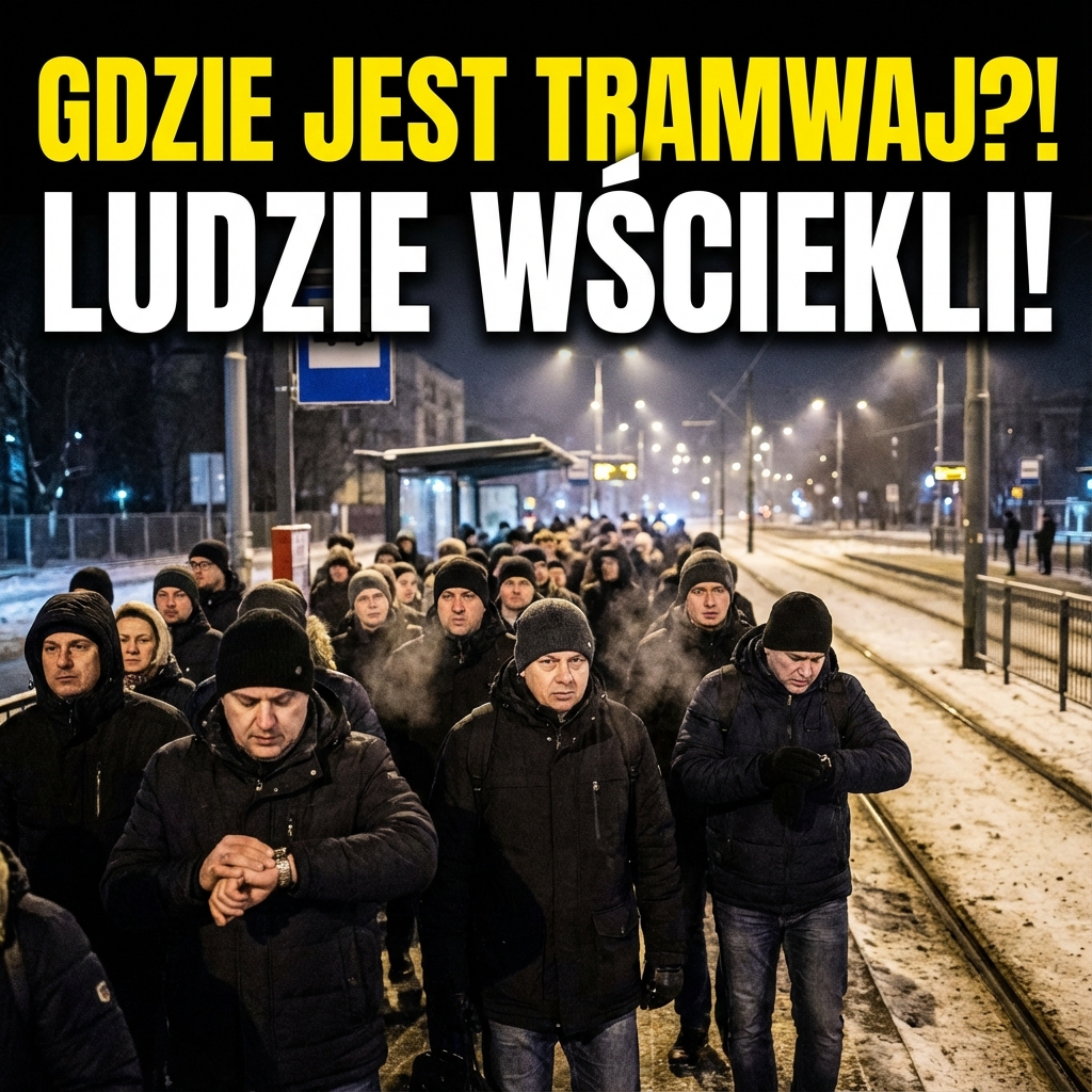Zniecierpliwiony tłum ludzi czeka na tramwaj na ciemnym przystanku.