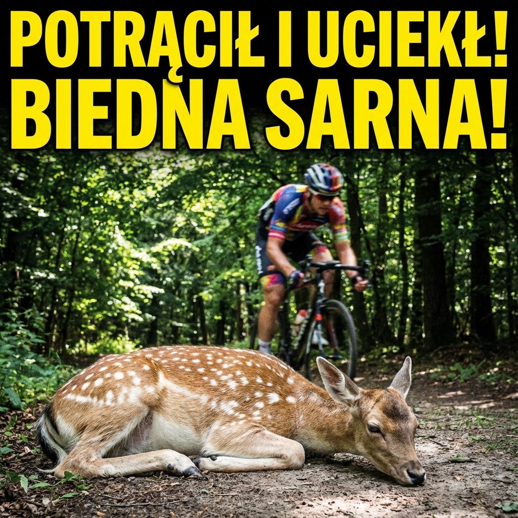Sarna leżąca na leśnej drodze po zderzeniu z rowerzystą