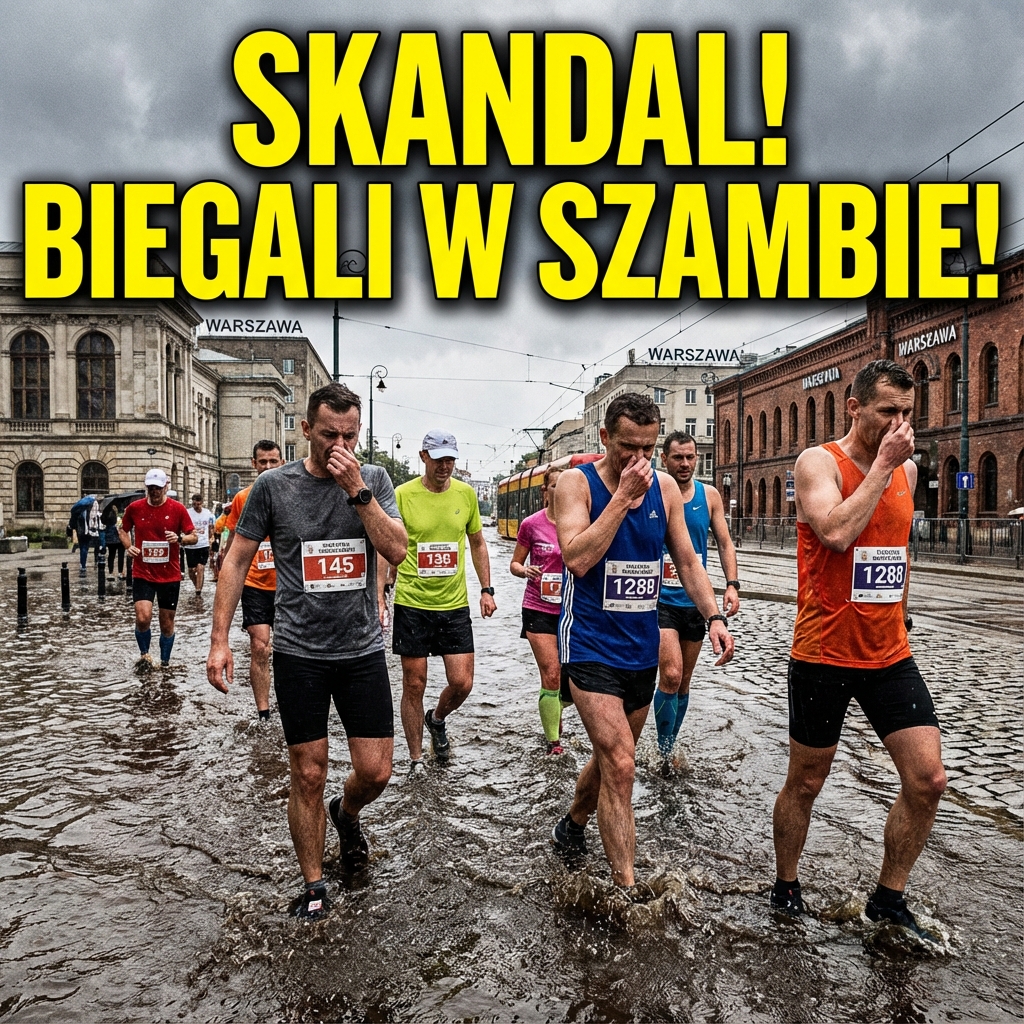 Przerażony biegacz uciekający przed wybijającym szambem na ulicy Warszawy