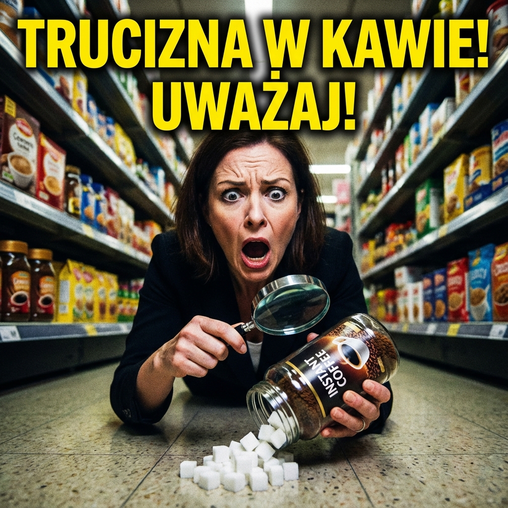 Zszokowana osoba patrząca na etykietę słoika z kawą rozpuszczalną