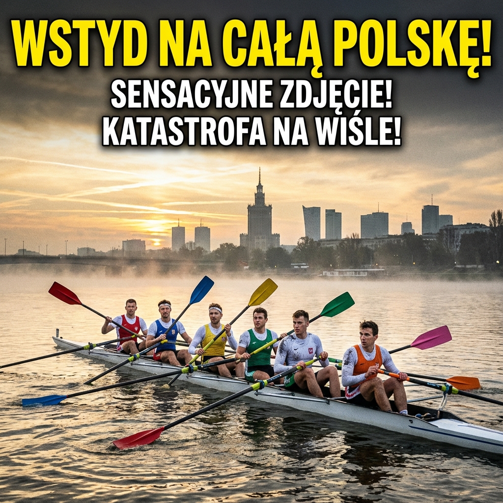 Zbliżenie na niedopasowane kolorystycznie wiosła wioślarzy na łodzi