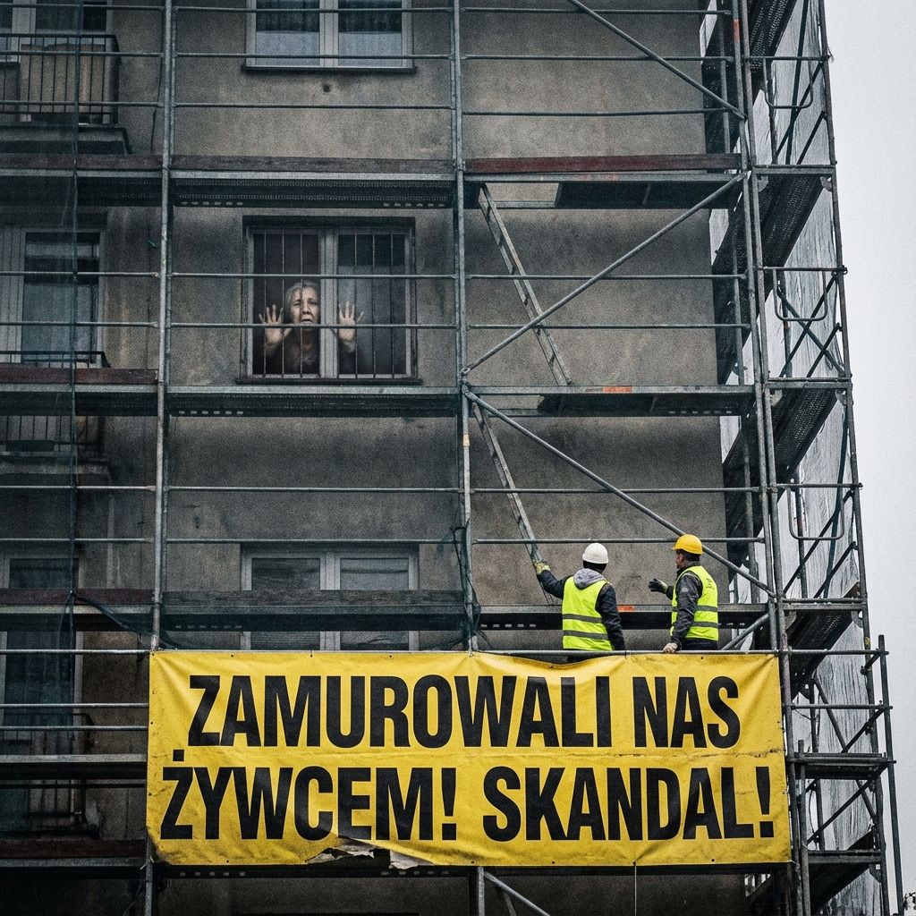 Robotnicy na rusztowaniu pracujący wcześnie rano przy elewacji budynku.