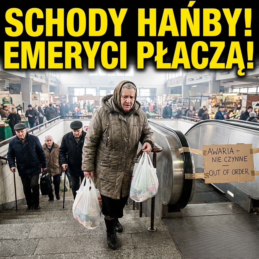 Zmęczona starsza kobieta z siatkami zakupów, wpatrująca się w niedziałające schody ruchome.