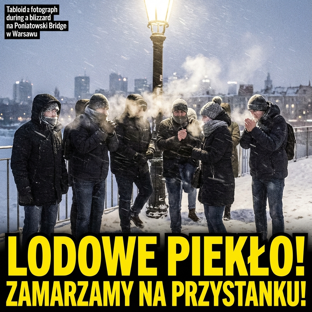 Zrozpaczeni, zmarznięci ludzie czekający na przystanku tramwajowym